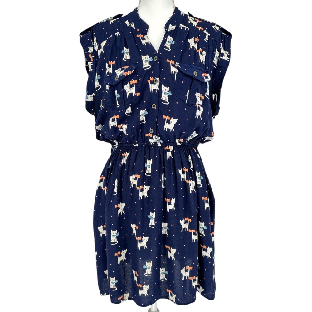 Angie Navy Blue Cat Print Dress Large Sleeveless Button Front Indie Cottage Twee